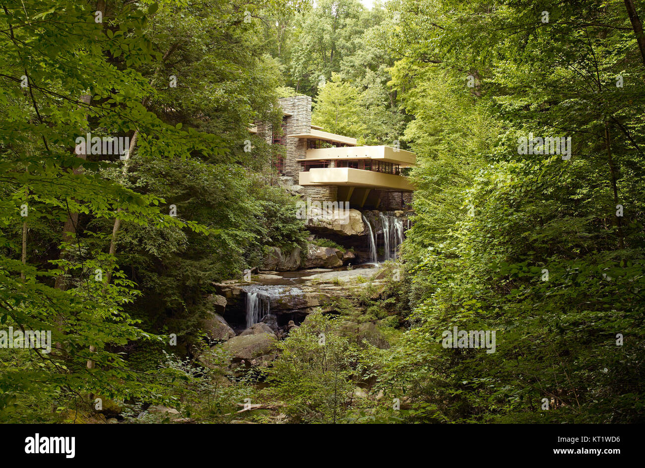 Fallingwater, entworfen vom Architekten Frank Lloyd Wright, ist ein ikonisches Haus, das über einem Wasserfall im ländlichen Pennsylvania erbaut wurde. Die Residenz wurde von Edgar J. Kaufmann Sr. In Auftrag gegeben und wird für ihre Integration mit der Natur und innovatives Design gefeiert. Das Gebäude verfügt über auskragende Plattformen und große Fenster, die einen Blick auf den umliegenden Wald bieten. Stockfoto