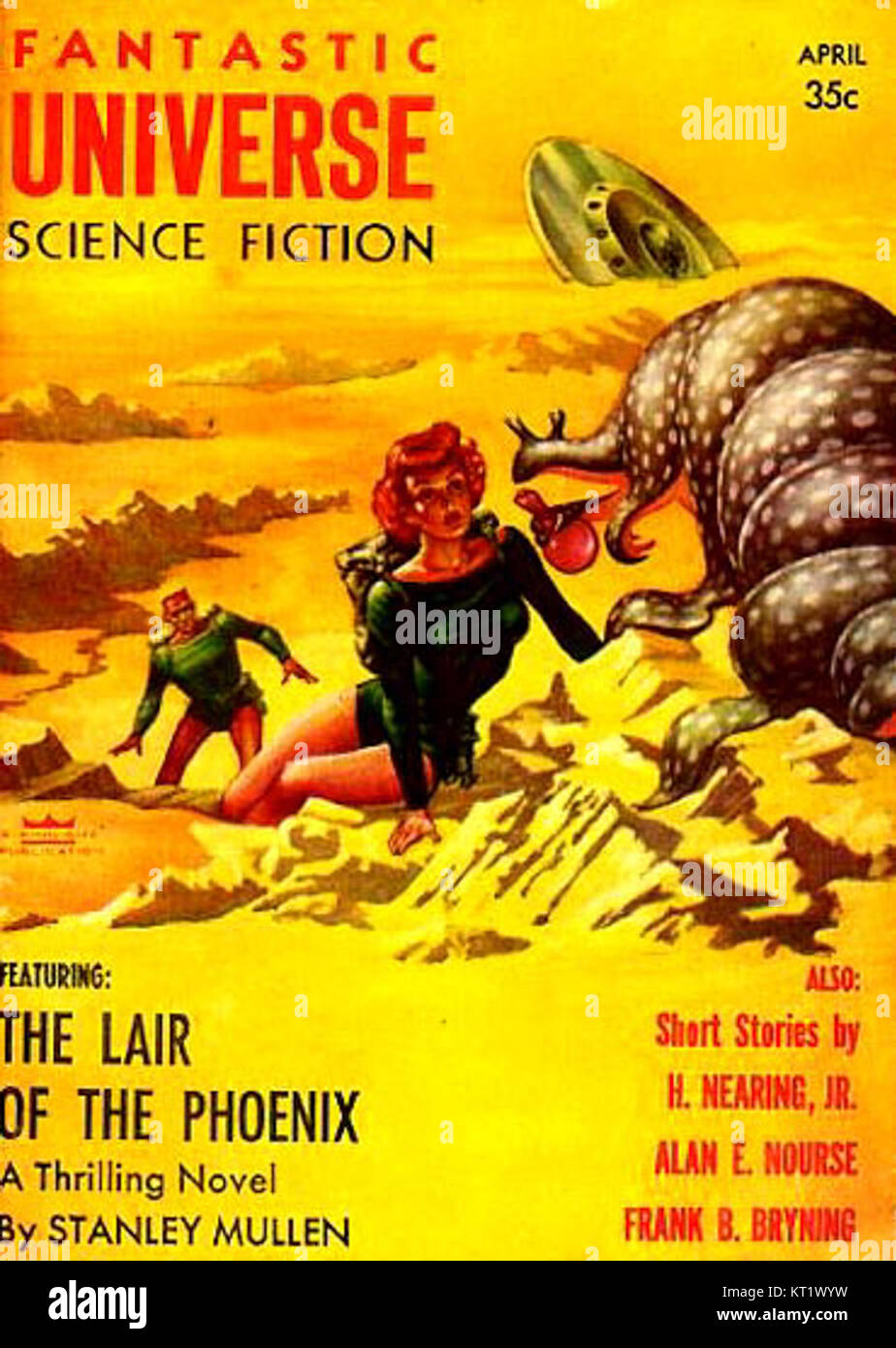 Fantastic Universe 195604 ist ein Science-Fiction-Magazin aus dem Jahr 1956, das eine Vielzahl von Geschichten und Kunstwerken präsentiert, die den fantasievollen und visionären Charakter des Genres während dieser Zeit hervorheben. Stockfoto