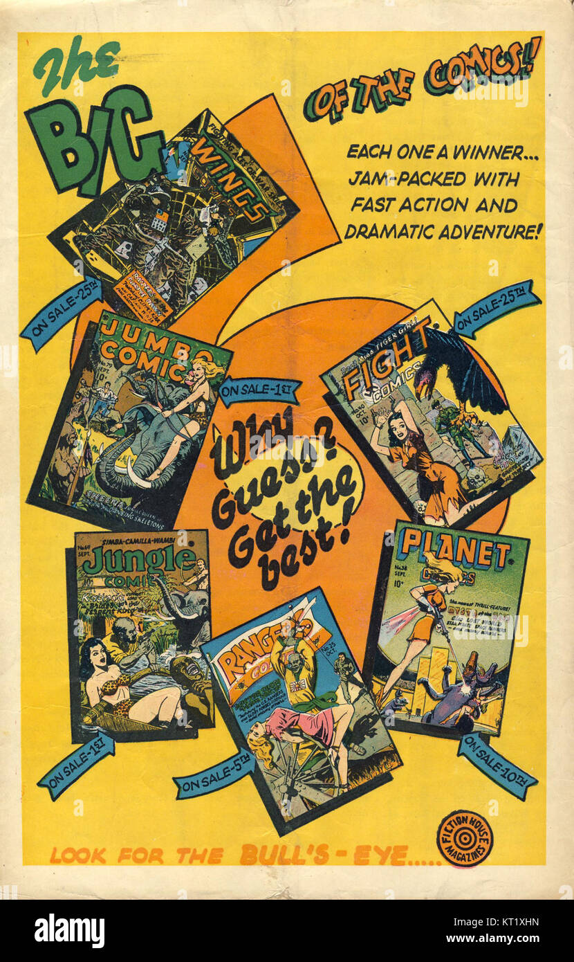 FictionHouse war ein Verlag und Studio, der vor allem in den 1940er und 1950er Jahren für Comics bekannt war Die Hausanzeige aus der Zeit hebt den werblichen Aspekt ihrer Publikationen während ihrer Spitzenzeiten hervor. Stockfoto