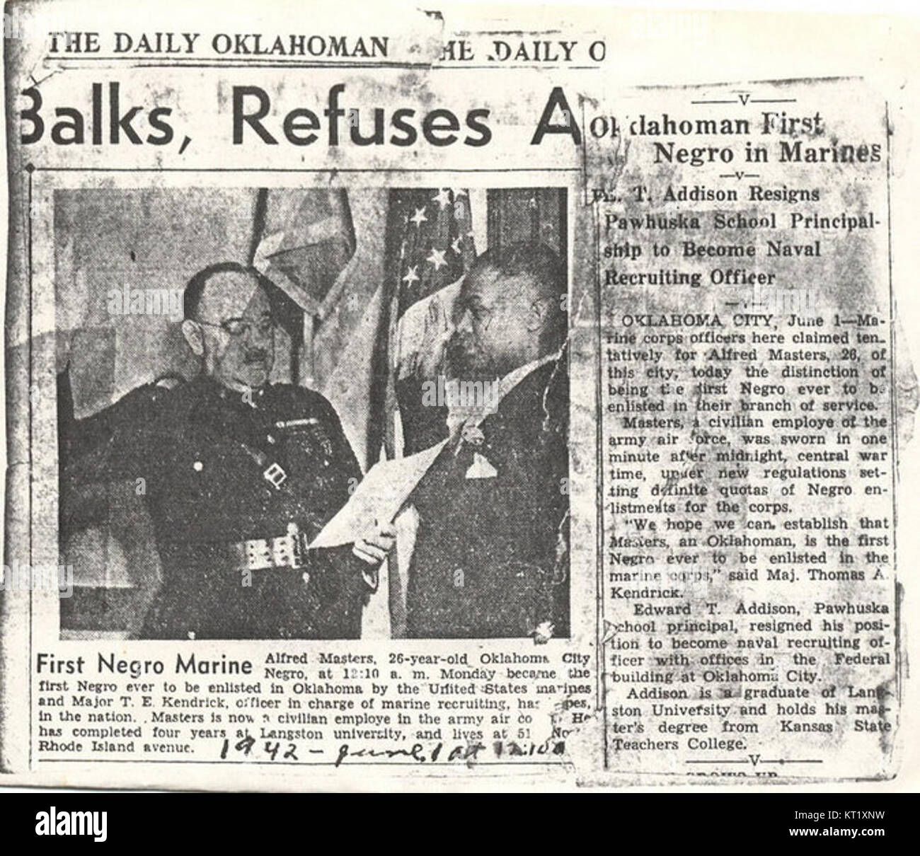 Dieser Titel bezieht sich auf den ersten Afroamerikaner, der sich in das United States Marine Corps eintrat und damit einen wichtigen Meilenstein bei der Integration der Afroamerikaner in das Militär darstellt. Ihr Dienst ebnete den Weg für zukünftige Generationen afroamerikanischer Marines und trug zur breiteren Bewegung für Bürgerrechte und Gleichheit in Amerika bei. Stockfoto