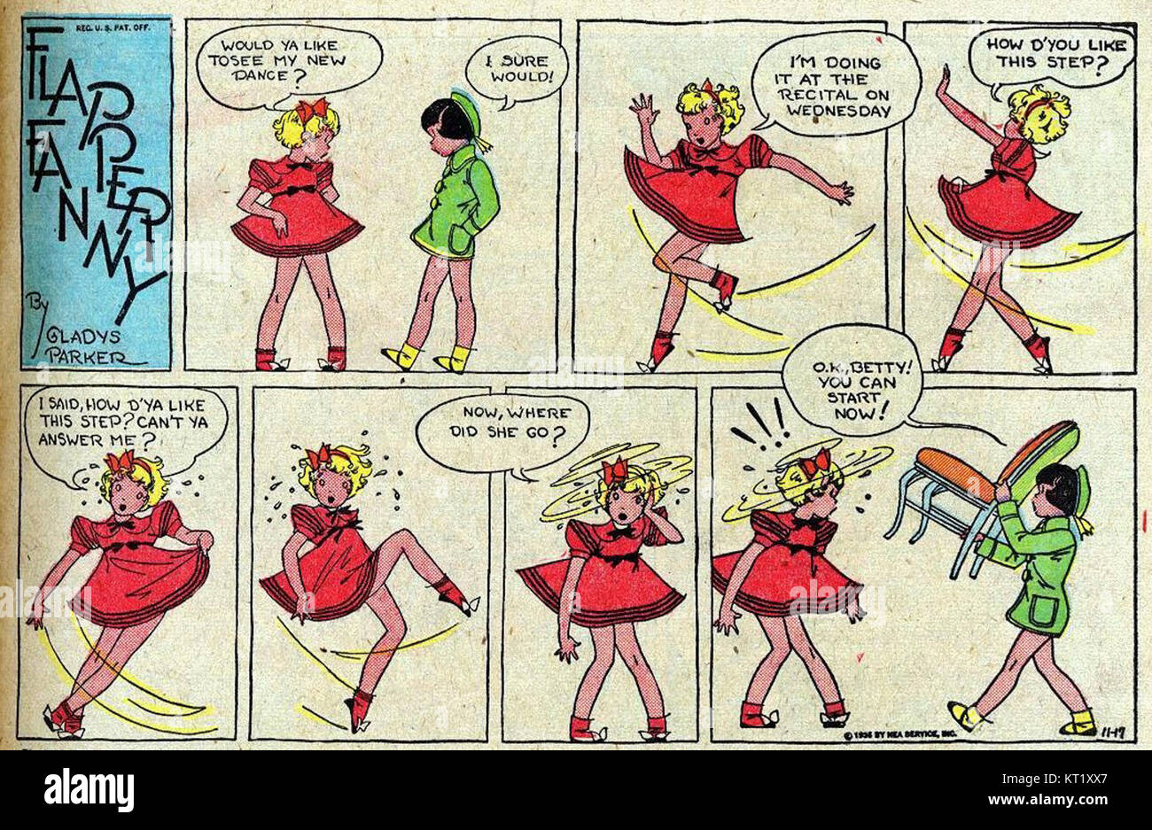 Flapper Fanny - The Funnies, No. 1 bezieht sich auf einen Comic-Strip aus dem frühen 20. Jahrhundert, der oft die sozialen Probleme und kulturellen Veränderungen der Roaring Twenties durch Humor hervorhebt. Stockfoto