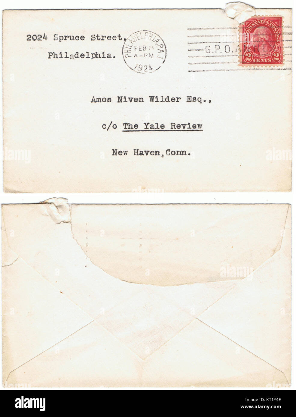 Dieser Brief von Florence Earle Coates an Amos Niven Wilder vom 8. Februar 1924 gibt Einblicke in die persönliche Korrespondenz aus dem frühen 20. Jahrhundert. Der Brief wird auf einer maschinengeschriebenen Seite geschrieben und umfasst sowohl die Vorder- als auch die Rückseite des Umschlags, die historische Handschrift und Postgeschichte aus dieser Zeit zeigt. Stockfoto