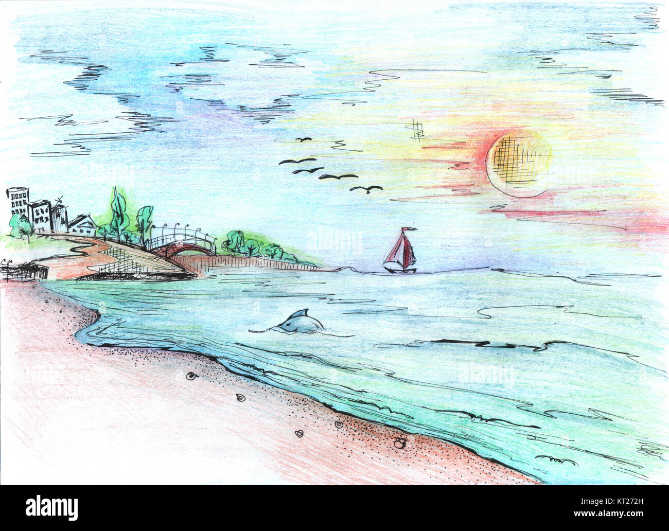 Illustration - Bleistift gezeichnete Seelandschaft bei Sonnenuntergang  Stockfotografie - Alamy