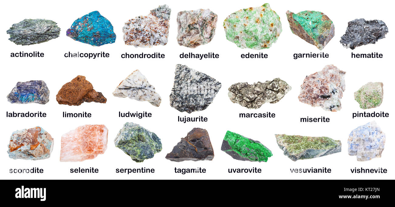 Sammlung von verschiedenen Mineralien mit Beschreibungen Stockfoto