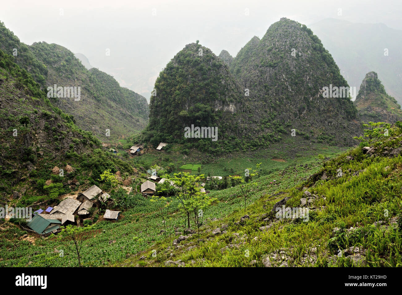 Dorf und die Berge zwischen Dong Van und Meo Vac in der Provinz Ha Giang, Vietnam Stockfoto