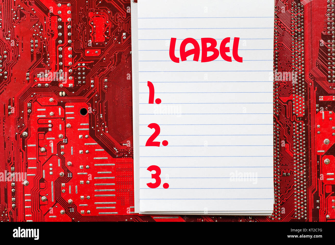 Label text Konzept über Computer Hintergrund Stockfoto