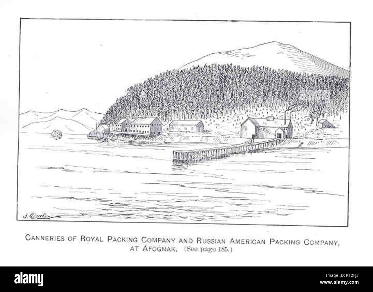 Die Konservenfabriken der Royal Packing Company und der Russian American Packing Company in Afognak, Alaska, waren in der Fischindustrie des frühen 20. Jahrhunderts von Bedeutung. Diese Konservenfabriken spielten eine Schlüsselrolle bei der kommerziellen Herstellung von Lachskonserven in der Region. Stockfoto