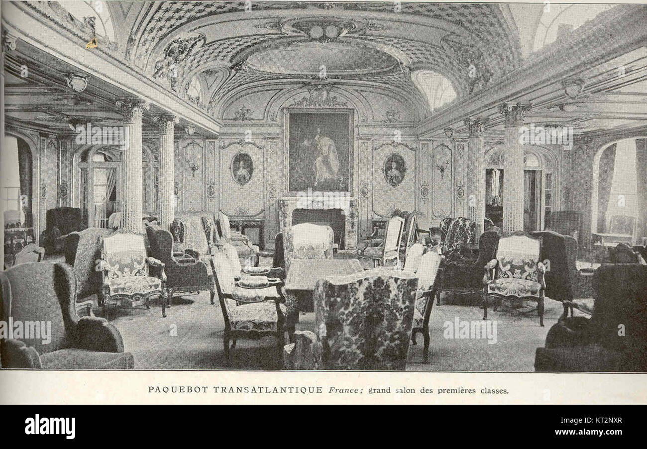 Der große Salon eines französischen transatlantischen Linienschiffes, der Luxus und Designelemente erstklassiger Unterkünfte im frühen 20. Jahrhundert präsentiert. Stockfoto