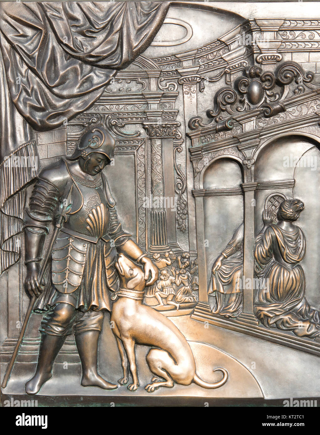 Bronze Relief auf dem Sockel der Statue von Johannes Nepomuk auf der Karlsbrücke Stockfoto