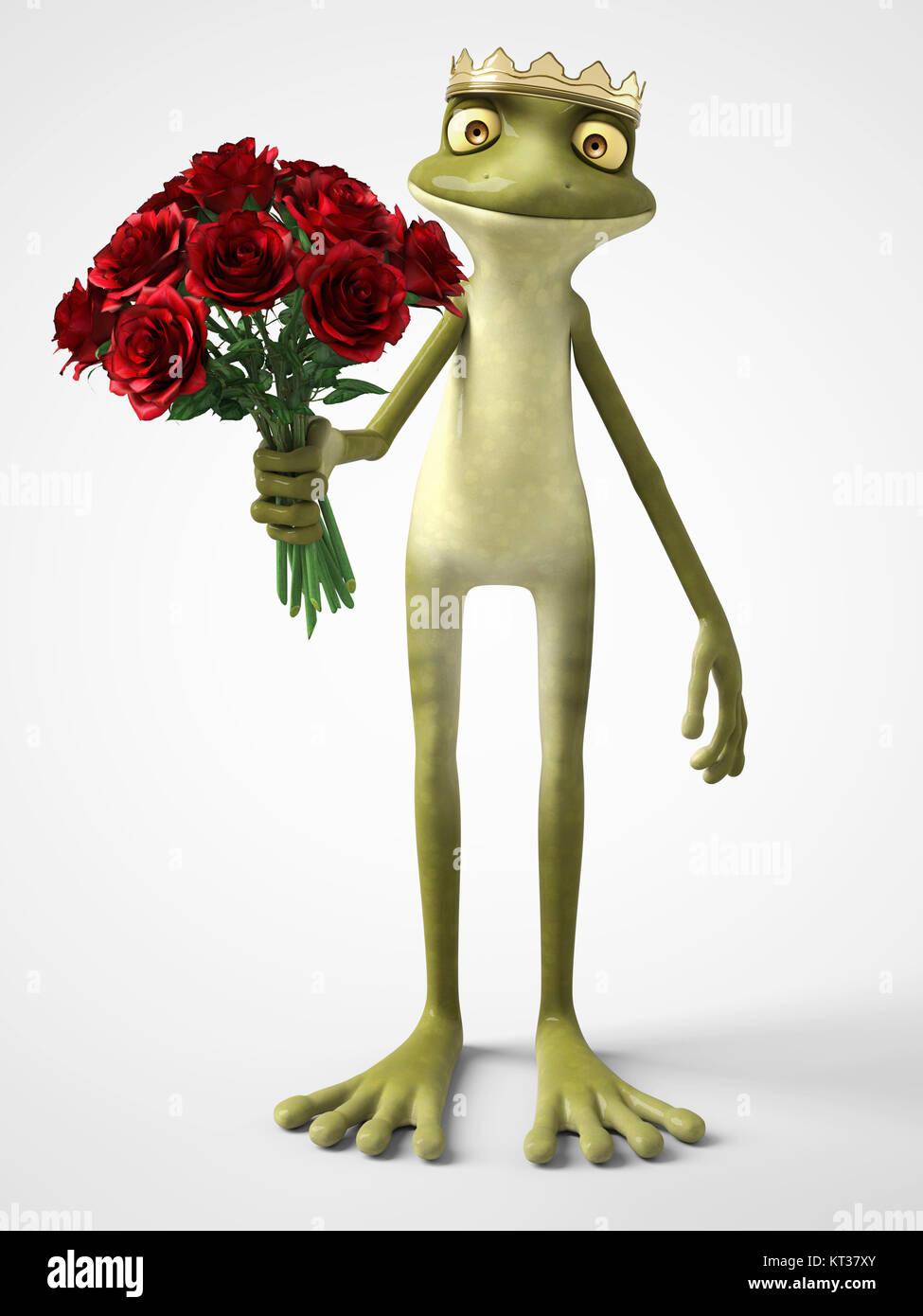 3D-Rendering der romantischen cartoon Froschkönig mit einem Strauß roter Rosen. Stockfoto