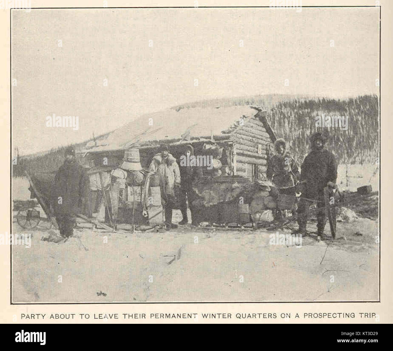 Eine Gruppe, die mit dem Code 41402 gekennzeichnet ist, ist abgebildet, die sich darauf vorbereitet, ihre Winterquartiere für eine Erkundungsreise zu verlassen. Diese Szene zeigt ihre Bereitschaft, neue Bereiche zu erkunden, wahrscheinlich auf der Suche nach Ressourcen. Stockfoto