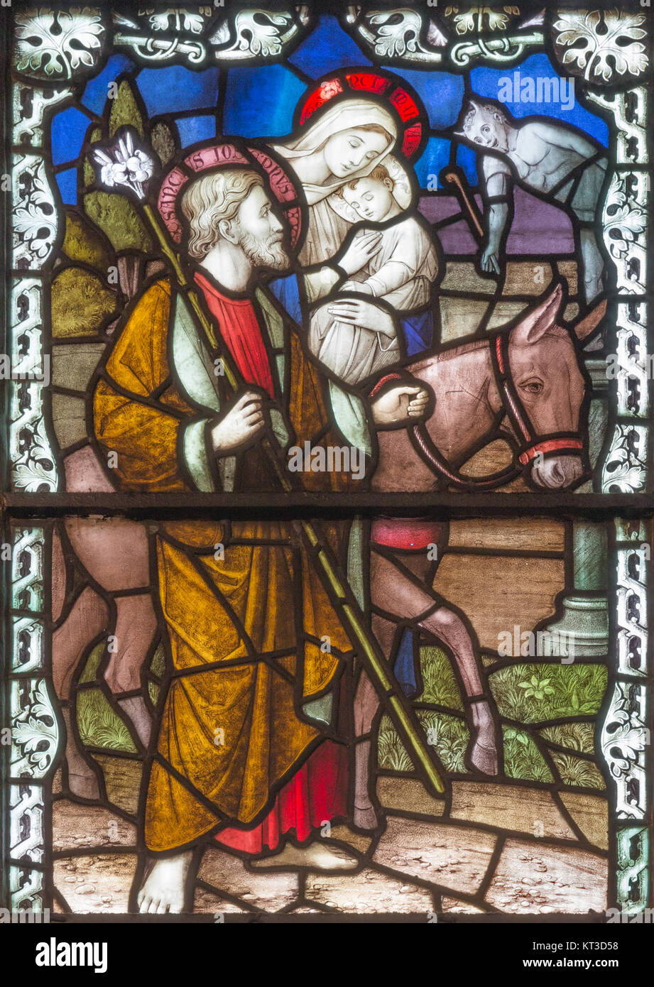 LONDON, Großbritannien - 17 September, 2017: Die Flucht der Heiligen Familie nach Ägypten auf der Glasfenster in der Kirche St. James Spanisch Ort Stockfoto