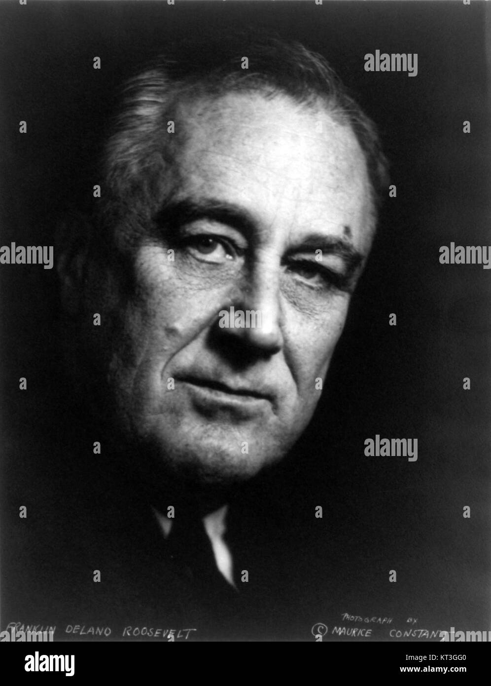 Ein Porträt von Franklin D. Roosevelt, dem 32. Präsidenten der Vereinigten Staaten, bekannt für seine Führung während der Großen Depression und des Zweiten Weltkriegs Stockfoto