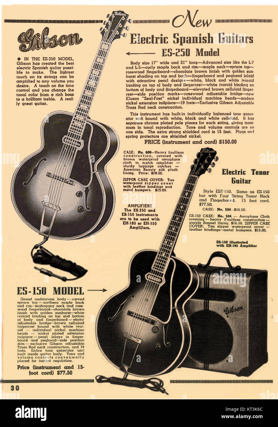 Diese Vintage-Werbung aus den späten 1930er und frühen 1940er Jahren zeigt die E-Gitarren Gibson es-250 und es-150 zusammen mit dem Verstärker EH-185, was die wachsende Popularität von E-Gitarren in der Musikgeschichte widerspiegelt. Stockfoto