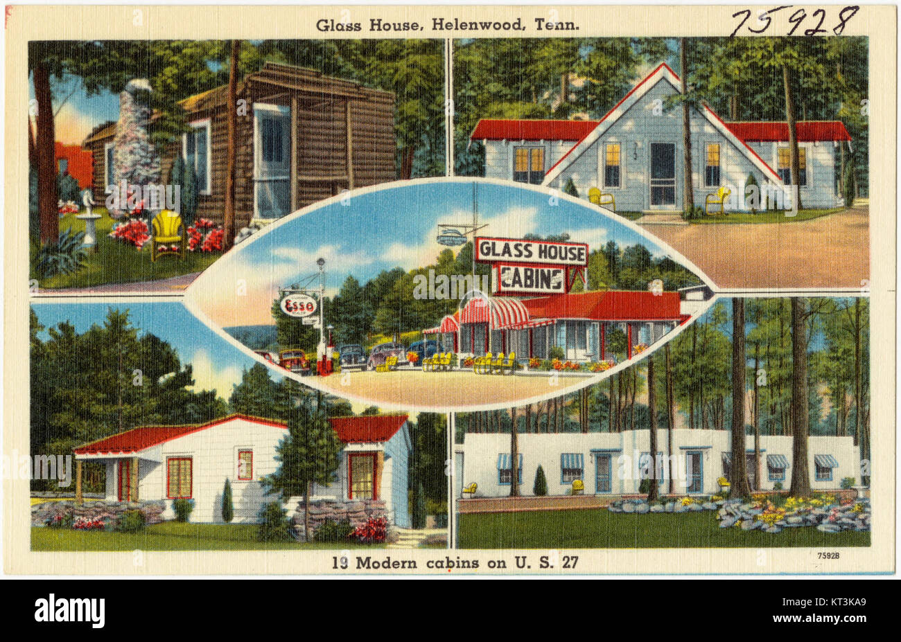 Das Glass House in Helenwood, Tennessee, verfügt über 19 moderne Hütten am U.S. Highway 27 und bietet eine moderne Unterkunft in der Gegend. Stockfoto
