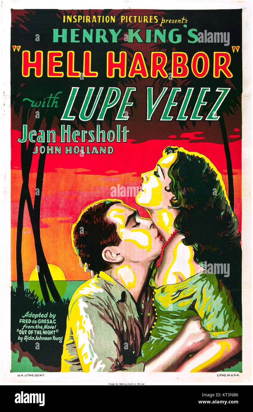 Das Hell Harbor Poster ist eine Vintage-Werbe- oder Werbematerial, möglicherweise im Zusammenhang mit einer Touristenattraktion oder einem historischen Ereignis in der Hell Harbor Gegend. Stockfoto