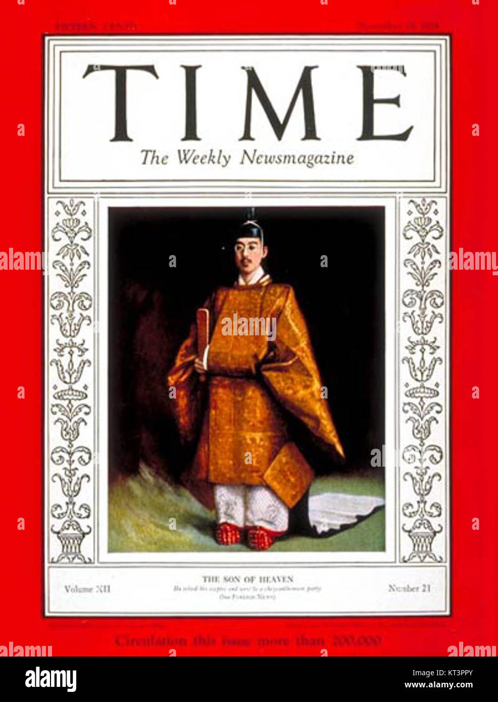 Auf dem Cover des Time Magazine vom 19. November 1928 wurde Kaiser Hirohito von Japan gezeigt, der seinen prominenten Platz in der globalen politischen Geschichte einnahm. Stockfoto