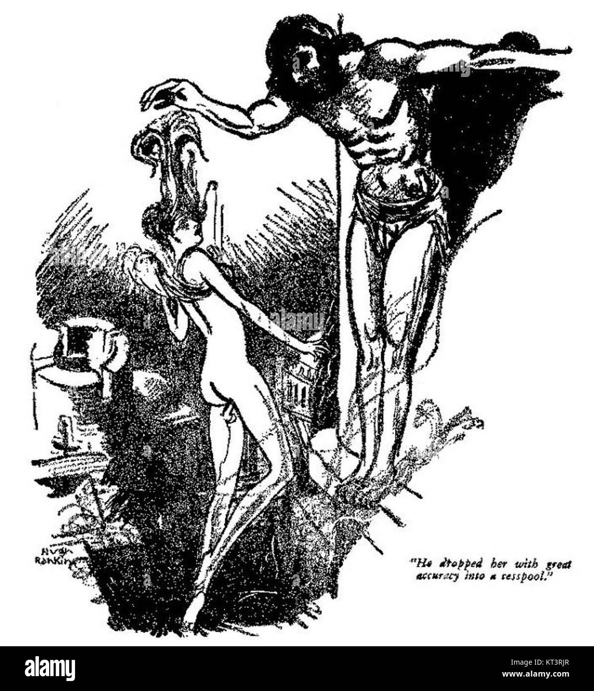 *Rogues in the House*, eine Geschichte, die von Hugh Rankin illustriert wurde, beschäftigt sich mit Abenteuern und Verbrechen und fängt das Wesen der Zellstofffiktion des 20. Jahrhunderts in seiner visuellen Darstellung von Intrigen und Action ein. Stockfoto