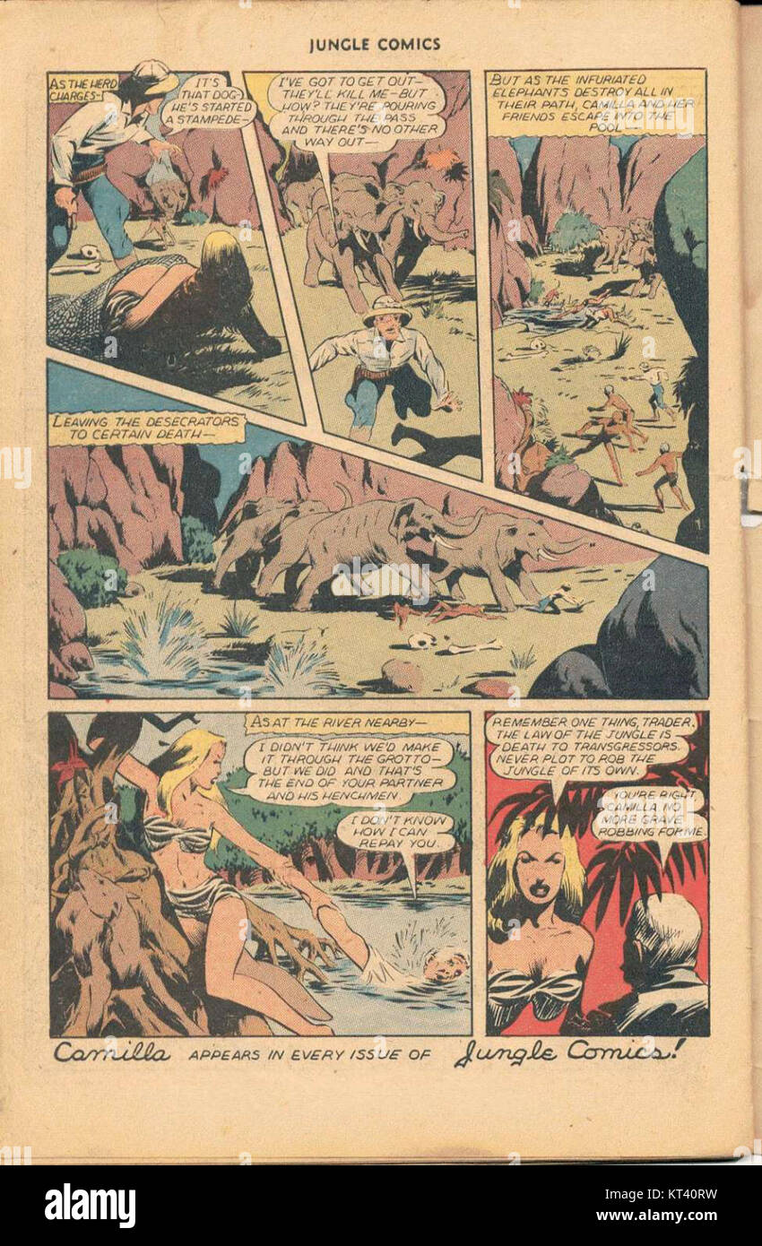 Jungle Comics 73, Seite 34, zeigt klassische Comickunstwerke aus dem goldenen Zeitalter der Comicbücher. Die Seite repräsentiert die lebendige Geschichte und das dynamische Kunstwerk seiner Zeit. Stockfoto