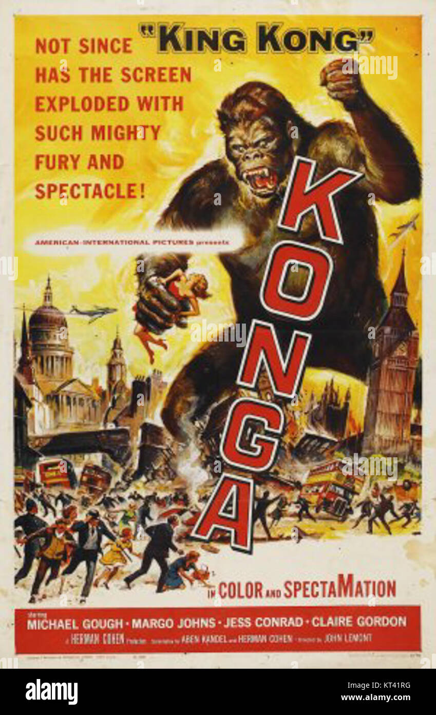 Dieses Vintage-Poster für den Film *Konga* fängt das Wesen des Monsterfilms der 1960er Jahre ein. Der Film mit einem riesigen Affen, der London terrorisiert, erschien während der Popularität des Science-fiction- und Kreaturenspiels. Stockfoto