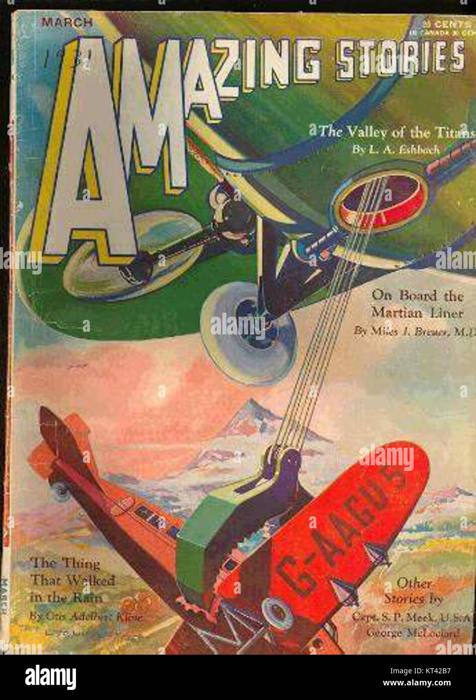 Die März 1931 Ausgabe von „Amazing Stories“, einem populären Science-Fiction-Magazin. Diese Ausgabe enthält spannende Geschichten über Abenteuer und futuristische Technologie, die die frühe Entwicklung des Genres widerspiegeln. Stockfoto