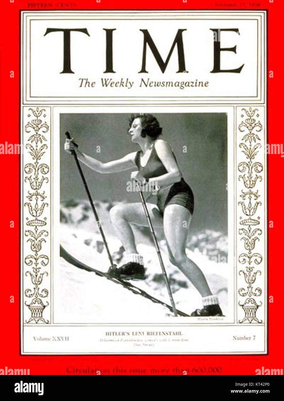 Leni Riefenstahl, ein renommierter deutscher Filmemacher, erschien 1936 auf dem Cover des Time Magazins. Sie ist bekannt für ihre Arbeit in Nazi-Propagandafilmen wie „Triumph des Willens“. Stockfoto