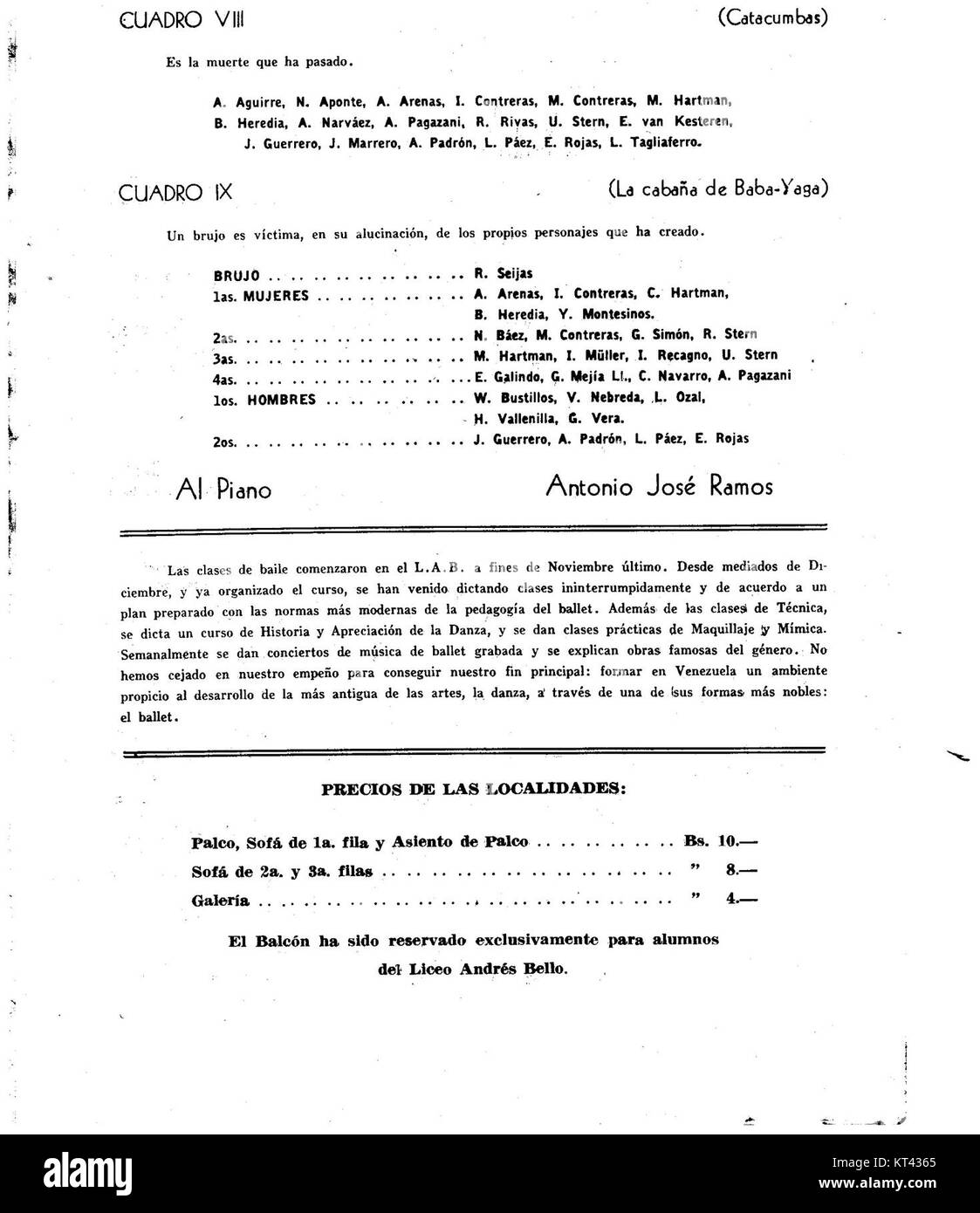 Die Tanztruppe Liceo AndrÃ Bello tritt 1946 auf, ein wichtiger Moment in der Kultur- und Kunstgeschichte Chiles. Die Vorstellung spiegelt die Tradition und kulturelle Bedeutung des Tanzes in der chilenischen Gesellschaft wider. Stockfoto