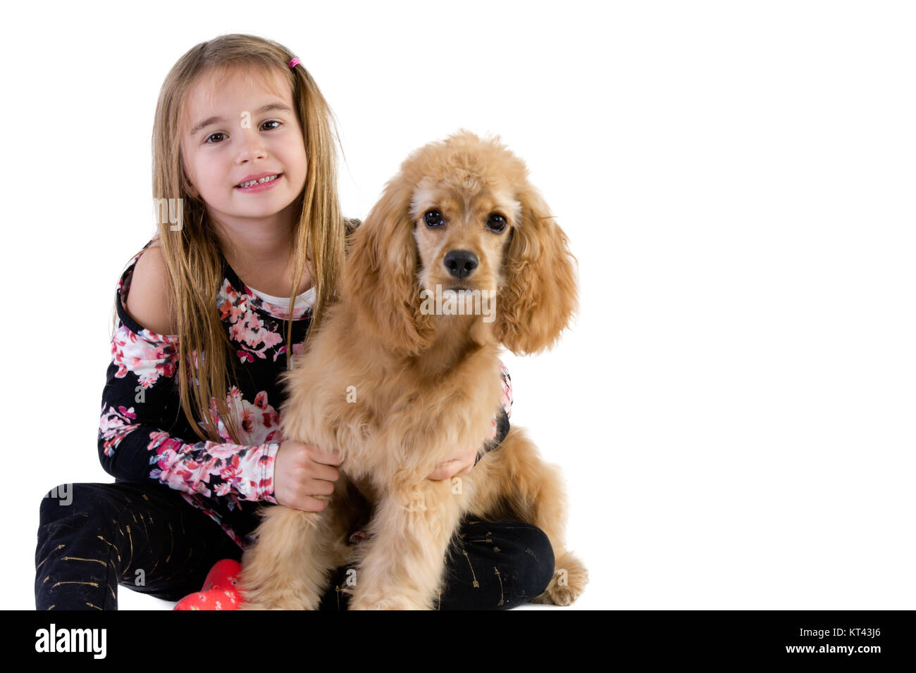 Hübsche junge Mädchen ihre goldene Cocker Spaniel Welpen als Sie entspannt sich auf dem Fußboden mit dem Hund isoliert auf weißem umarmen Stockfoto