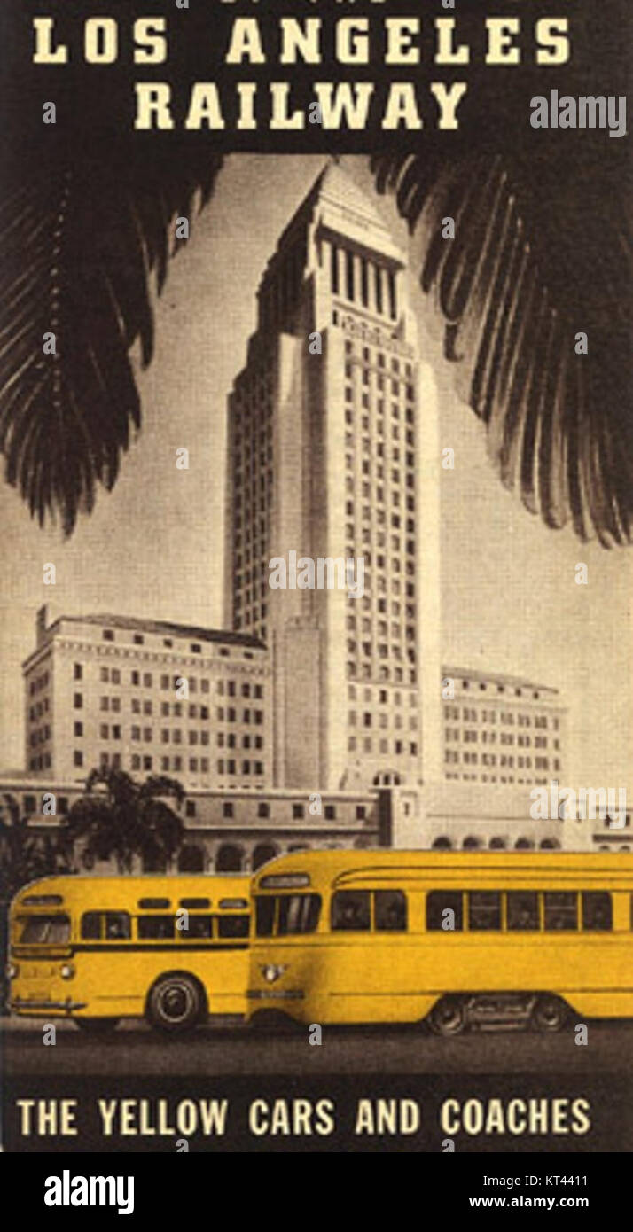 Diese Karte aus dem Jahr 1942 zeigt die gelben Wagen und Reisebusse der Los Angeles Railway und veranschaulicht das öffentliche Verkehrssystem der Stadt während des frühen 20. Jahrhunderts. Stockfoto