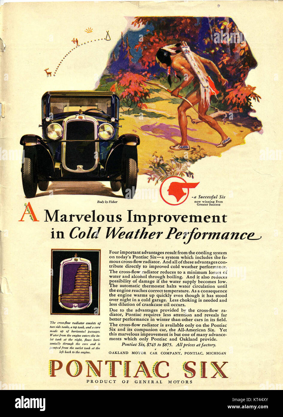 Diese Werbung aus dem Jahr 1928 für den Pontiac Six zeigt das elegante Design und die modernen Merkmale des Modells für seine Zeit. Der Werbespot unterstreicht die Erschwinglichkeit, das stilvolle Erscheinungsbild und die Zuverlässigkeit des Fahrzeugs und zielt darauf ab, Kunden zu gewinnen, die sowohl Funktionalität als auch Eleganz suchen. Pontiac, bekannt für seine amerikanische Automobiltradition, nutzte Werbung wie diese, um das Image der Marke in den späten 1920er Jahren zu stärken Stockfoto