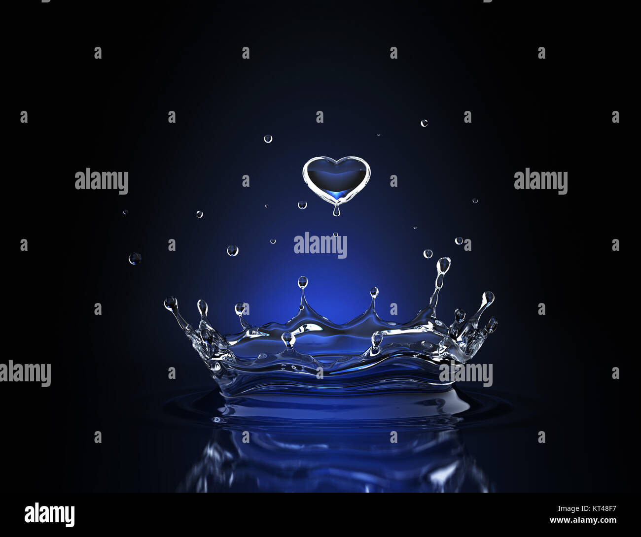 Wasser in Form von Herzen in blauem Licht. 3D-Darstellung Stockfoto