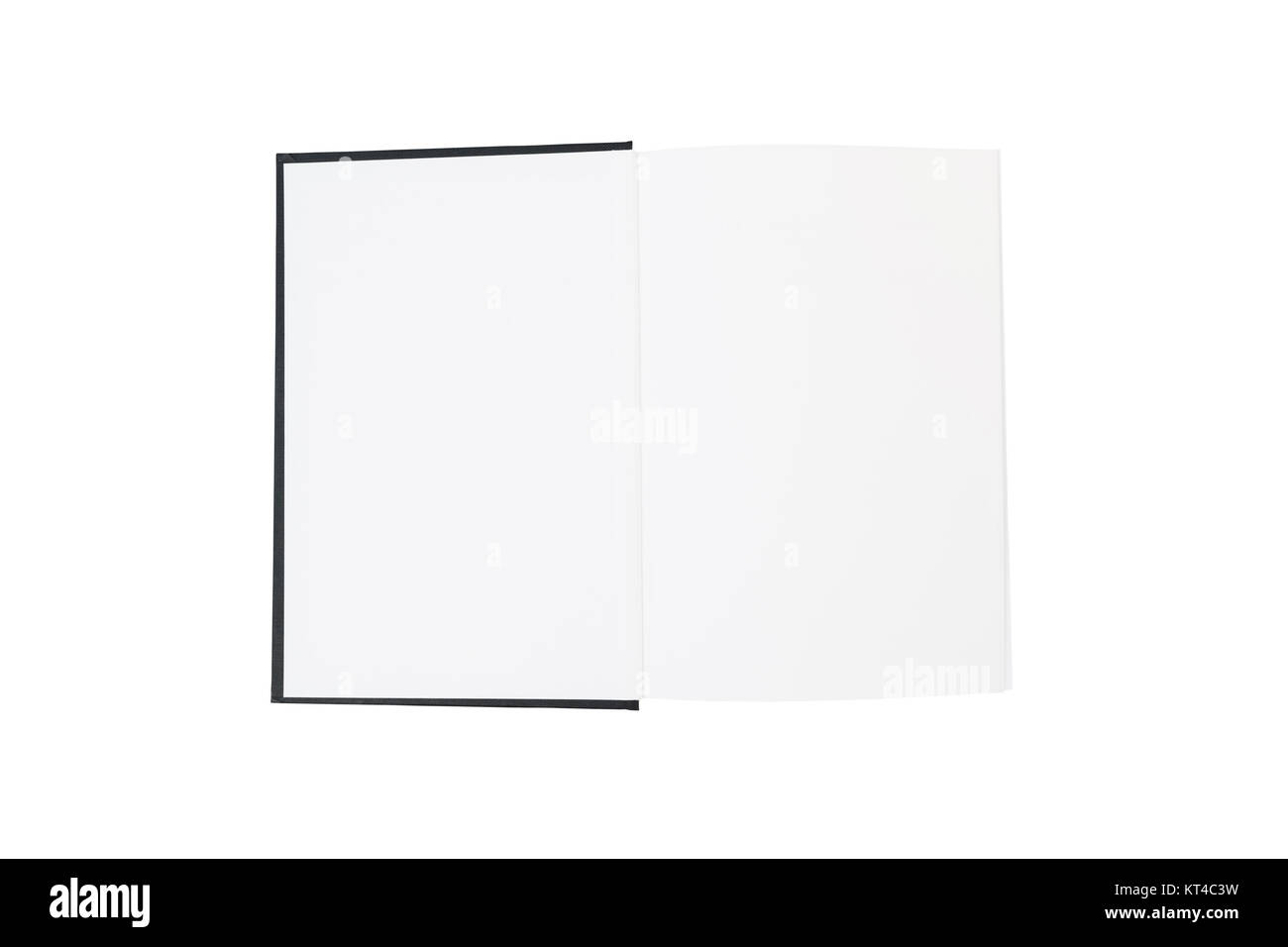 Schwarz Hardcover Buch mit leeren weißen Seiten auf weißem Hintergrund öffnen. Stockfoto