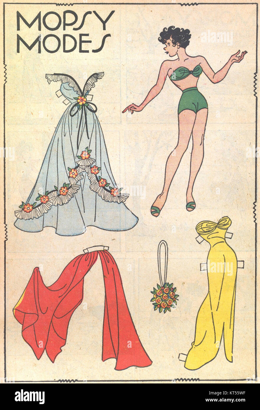 Mopsy Modes ist ein Vintage-Modemagazin, in dem beliebte Styles und Trends aus seiner Zeit vorgestellt werden. Band 1, Nr. 18, präsentiert bemerkenswerte Modedesigns, darunter wichtige Bekleidung und Accessoires. Stockfoto