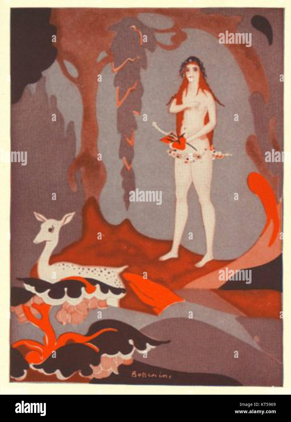 Diese Illustration aus Ovids Buch 1 zeigt Szenen aus der klassischen Mythologie und Geschichten aus Ovids *Metamorphosen*, einem Schlüsselwerk in der westlichen Literatur, das sich auf Transformationen und mythologische Figuren konzentriert. Stockfoto