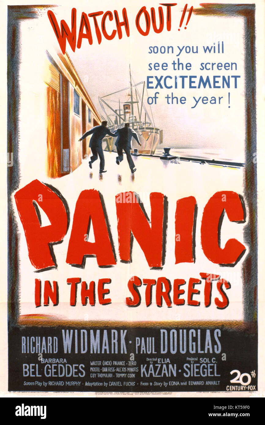 Panic in the Streets (1950) ist ein Film von Elia Kazan, in dem ein Arzt und Polizist einen Ausbruch gefährlicher Krankheiten in New Orleans aufspüren und Themen der öffentlichen Gesundheit und der Strafverfolgung reflektieren. Stockfoto