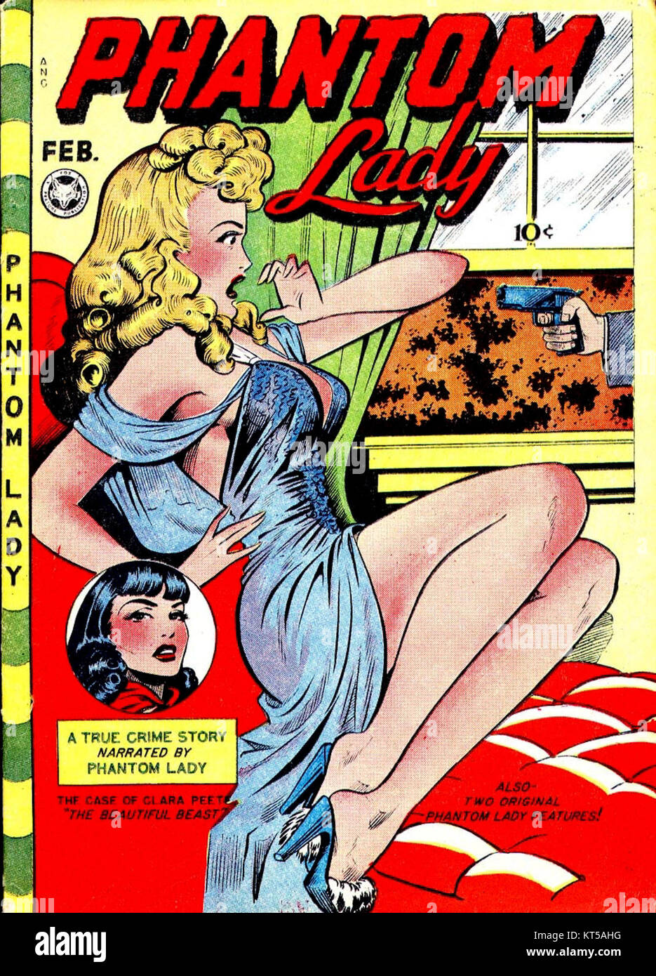 Phantom Lady ist ein klassischer Comic aus den 1940er Jahren, der für seine Beiträge zum Goldenen Zeitalter der Comics und seinen Einfluss auf das Superheldengenre bekannt ist. Stockfoto