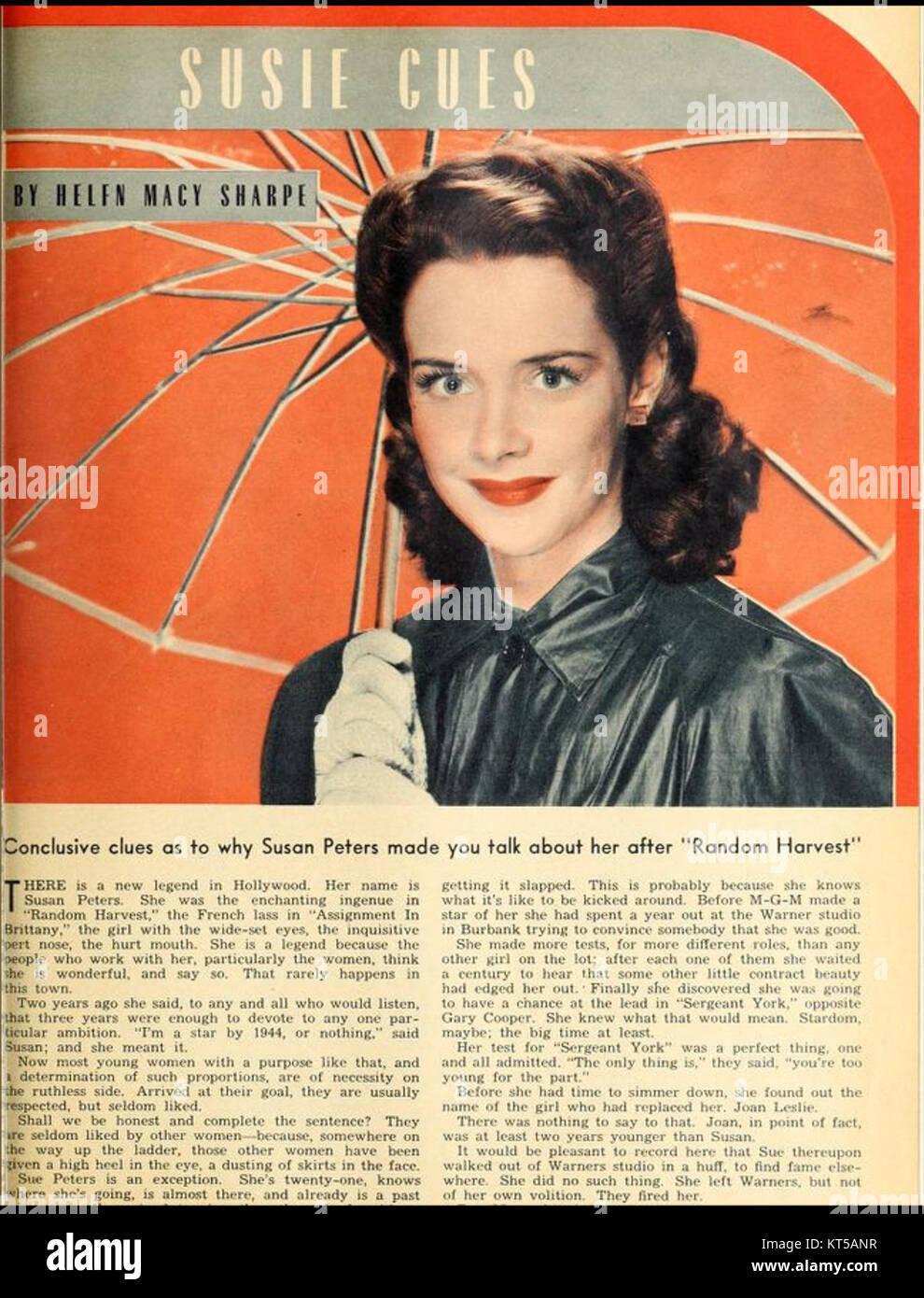 Dieser artikel aus der Novemberausgabe 1943 des Photoplay Magazins zeigt die Schauspielerin Susan Peters, die für ihre Arbeit in klassischen Hollywood-Filmen während des Goldenen Zeitalters bekannt ist. Der artikel beleuchtet ihre Karriere und ihre Beiträge zum Film. Stockfoto