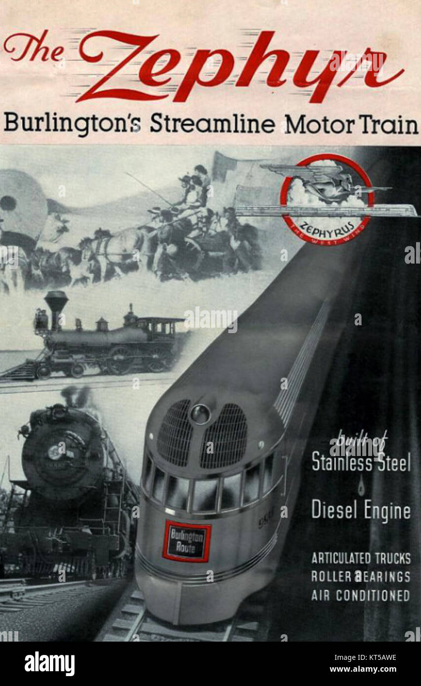 Der Pioneer Zephyr war ein legendärer, stromlinienförmiger Dieselzug, der 1934 von der Chicago, Burlington and Quincy Railroad eingeführt wurde. Diese Broschüre zeigt das schlanke Design und die modernen Merkmale des Zuges, der den Bahnverkehr in den USA revolutionierte. Stockfoto