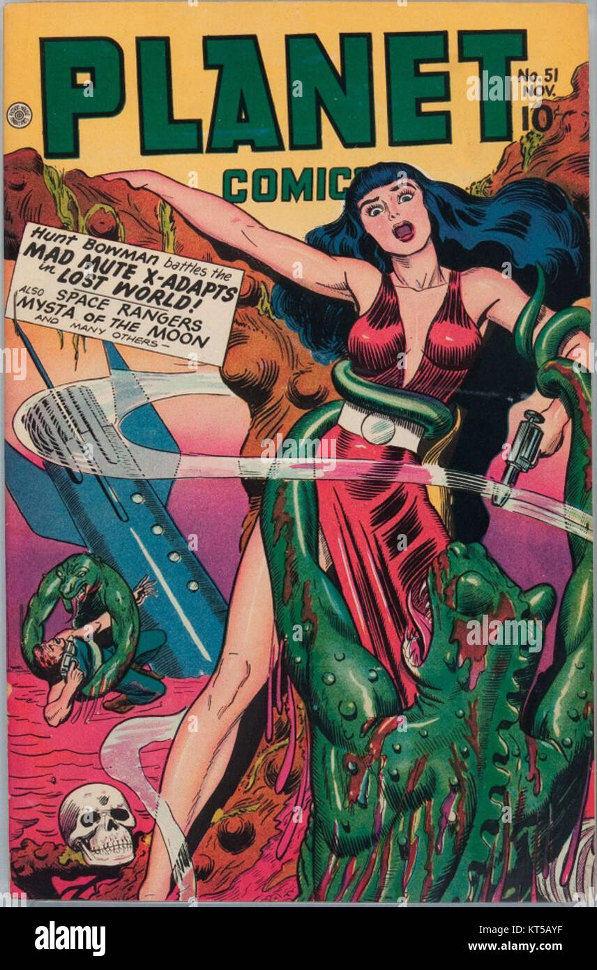 Planet Comics war eine Comicserie, die in den 1940er Jahren in den Vereinigten Staaten veröffentlicht wurde Es war bekannt für seine Science-Fiction- und Abenteuergeschichten mit starken weiblichen Charakteren und futuristischen Themen. Die Serie war Teil eines umfassenderen Trends in Comics während dieser Zeit und trug zur Entwicklung des Science-fiction-Genres bei. Stockfoto