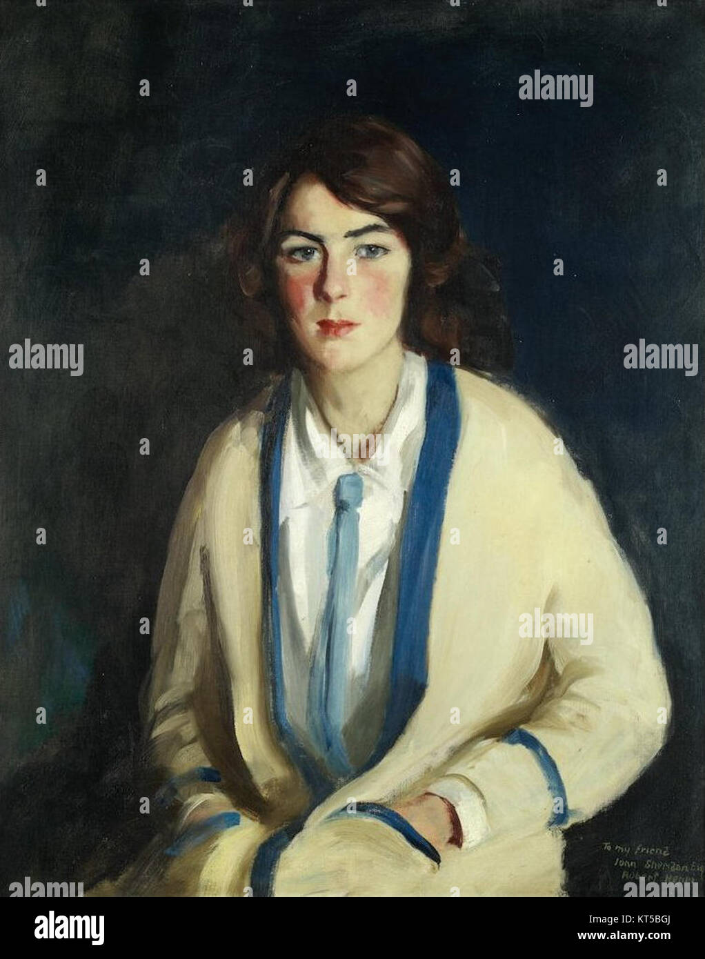 Dieses Porträt von Miss Mildred Sheridan von Robert Henri aus dem Jahr 1913 spiegelt den unverwechselbaren Stil des Künstlers wider. Henri war bekannt für seine Darstellung intimer Motive und den starken Einsatz von Licht und Schatten. Stockfoto