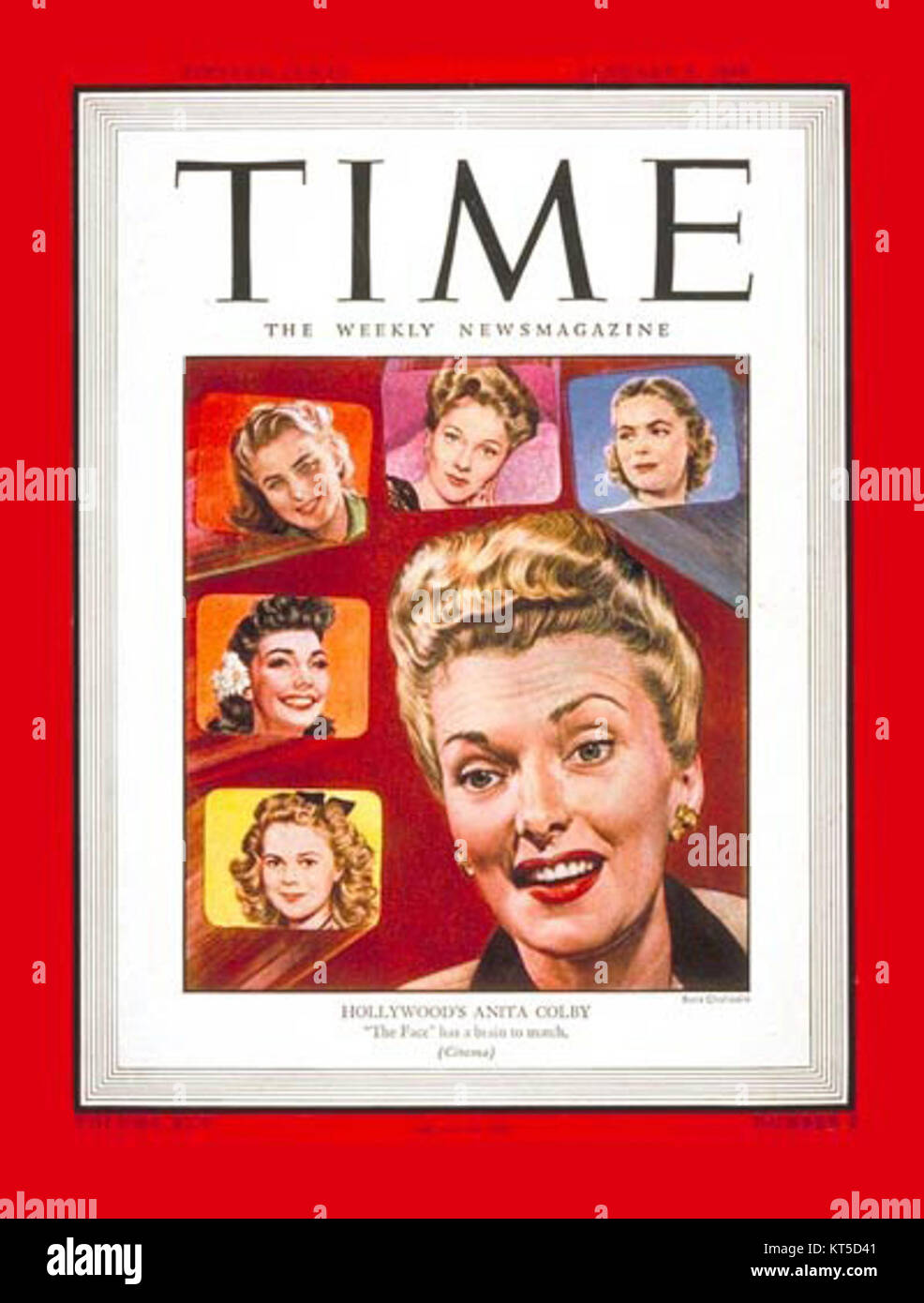 Foto von Anita Colby, einem Model, das 1945 im TIME Magazin erschien und ihren ikonischen Einfluss auf Schönheit und Mode während dieser Zeit zeigt. Stockfoto