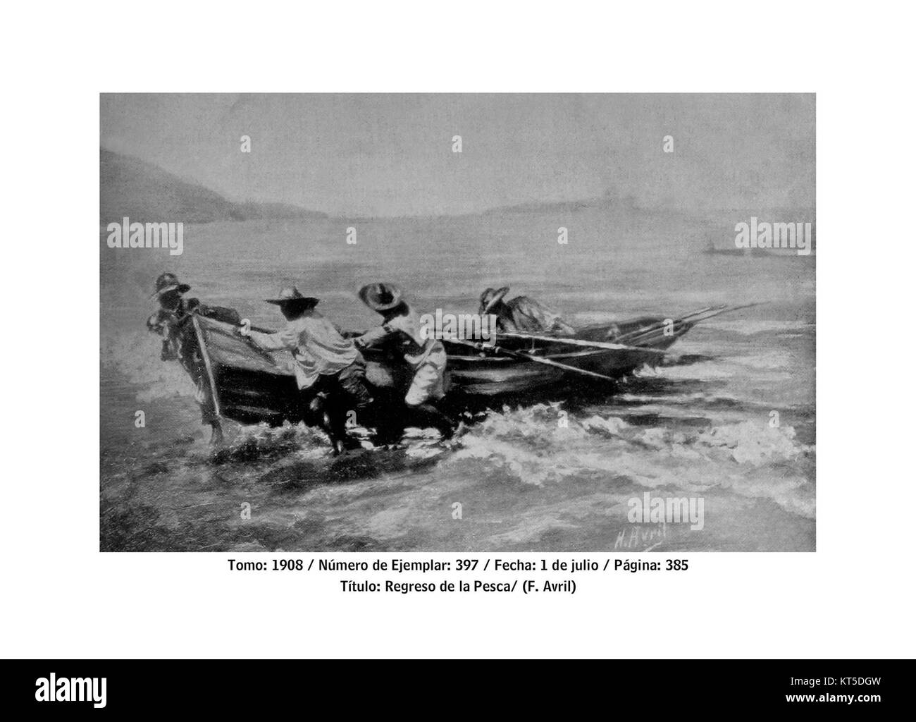 Regreso de la pesca ist ein Gemälde des französischen Künstlers Félix Avril, das die Rückkehr von Fischern an die Küste zeigt und den Fokus des Künstlers auf maritime Themen reflektiert. Stockfoto