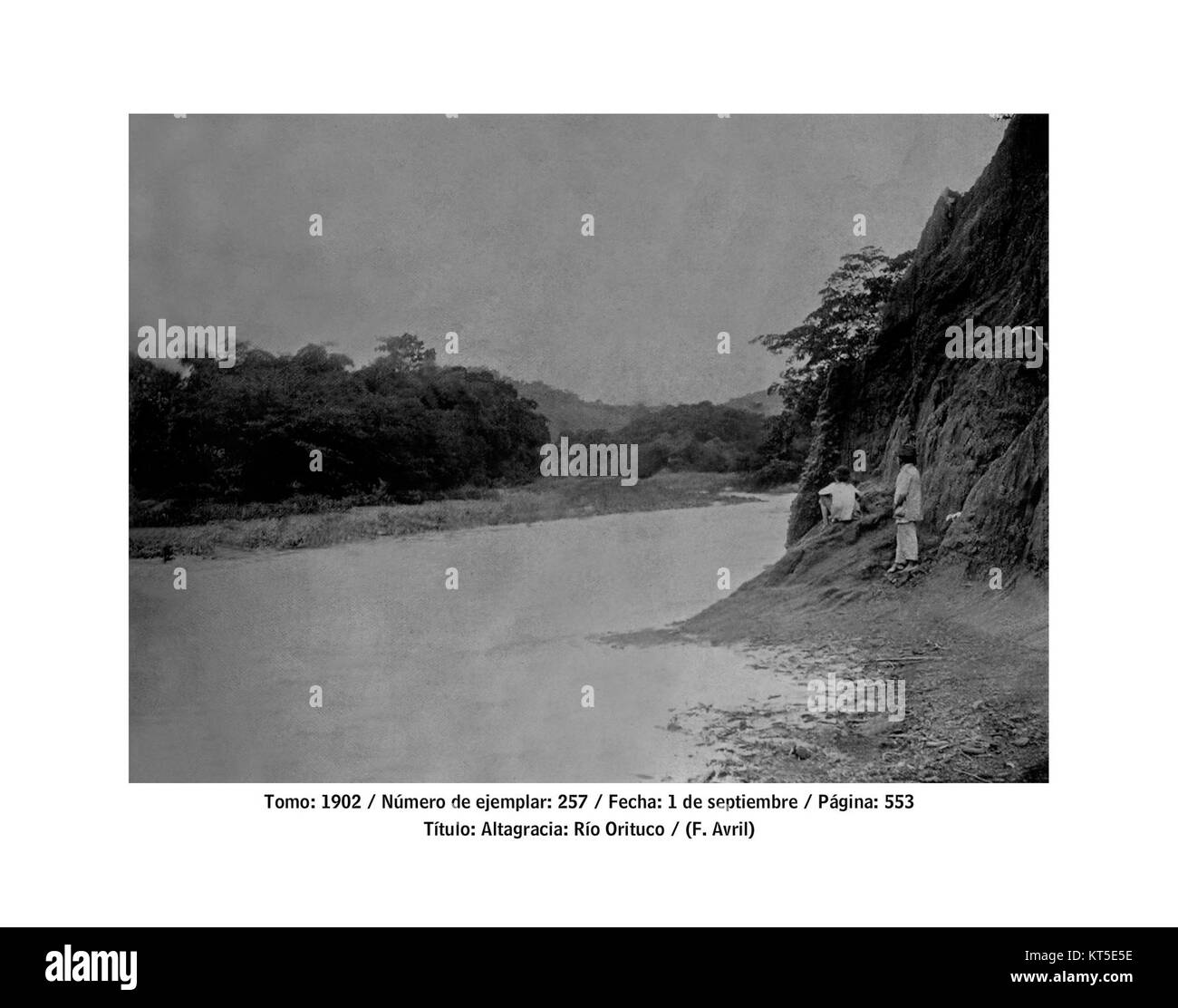 Eine historische Fotografie des Rio Orituco in der Nähe von Altagracia im Jahr 1902, die die Landschaft und die Wasserstraße im Venezuela des frühen 20. Jahrhunderts feststellt. Stockfoto