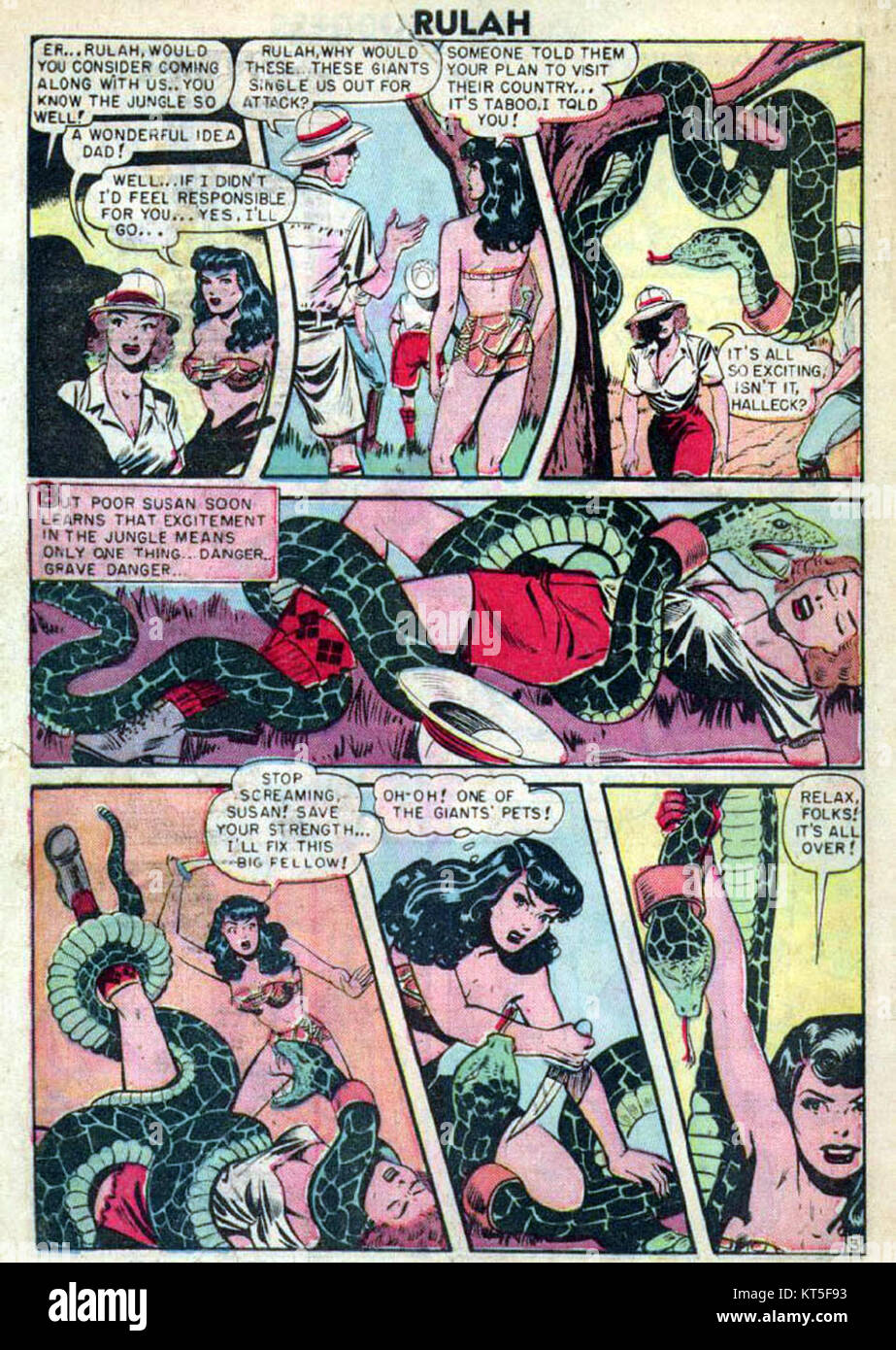 Rulah ist eine Figur aus Comics der 1940er Jahre, die für ihre abenteuerlichen Heldentaten als Dschungelheldin bekannt ist. Sie trat in verschiedenen Publikationen auf und wurde zu einer bemerkenswerten weiblichen Figur im Actionabenteuer-Genre. Stockfoto