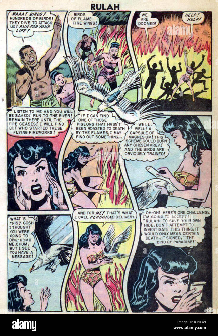 Rulah war eine fiktive Figur in amerikanischen Comicbüchern, bekannt für ihre Rolle als weibliche Abenteurerin und Beschützerin. Sie wurde in der Serie „Rulah, Jungle Goddess“ aufgeführt, die Anfang der 1940er Jahre an Popularität gewann Stockfoto