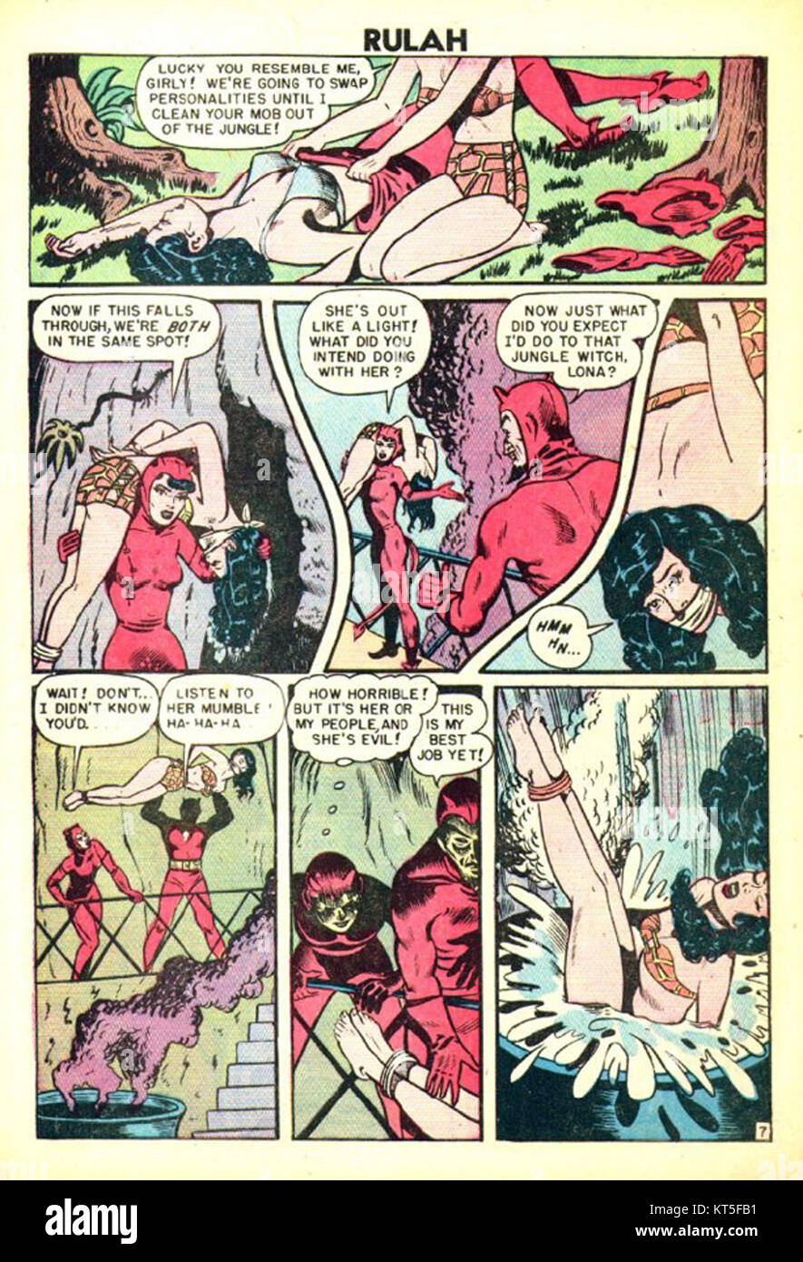 Rulah, eine Dschungelheldin aus den 1940er Jahren, spielte in Comicbüchern und Serien mit, die für ihre Abenteuer in exotischen Gegenden bekannt ist, Schurken zu bekämpfen und Stärke und Mut zu zeigen. Stockfoto