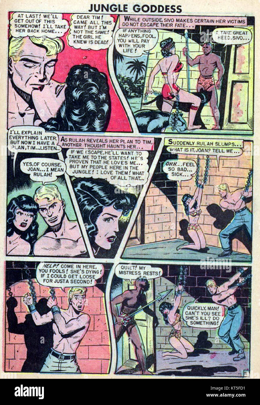 Rulah ist eine Figur aus Comicbüchern, die ursprünglich in den 1940er Jahren debütierte Sie ist bekannt als Dschungelkönigin und Abenteurerin, oft in actiongeladenen Geschichten innerhalb der Comics dargestellt. Stockfoto