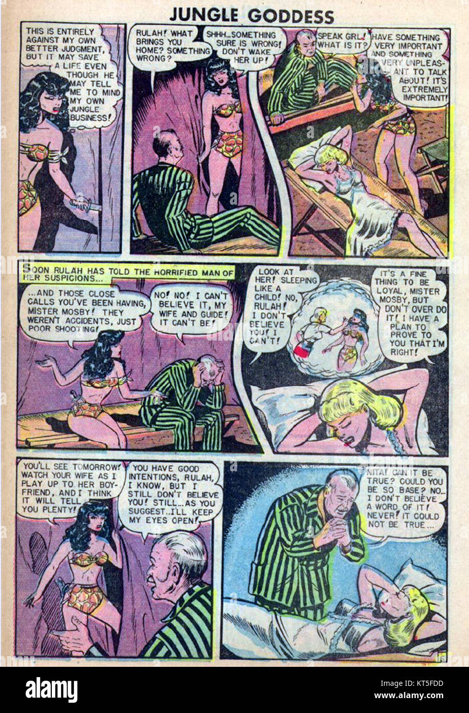 Rulah ist ein Titel, der sich möglicherweise auf eine Comic- oder Filmfigur bezieht, die in den 1940er Jahren populär war Rulah ist bekannt für ihre abenteuerliche Natur und war eine weibliche Actionheldin, die während des goldenen Zeitalters der Comics in der „Jungle Comics“-Serie auftrat. Stockfoto