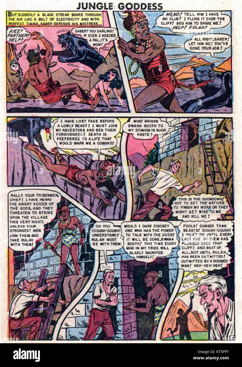 Rulah ist eine bemerkenswerte fiktionale Figur aus amerikanischen Comicbüchern des frühen 20. Jahrhunderts. Die Figur wurde als Dschungelmädchen-Abenteurerin dargestellt, oft in exotischen Szenen gezeichnet. Rulahs Comic-Serie war Teil einer Welle abenteuerlicher Erzählungen, die in dieser Zeit in Pulp-Fiction und Comics Popularität erlangten. Stockfoto