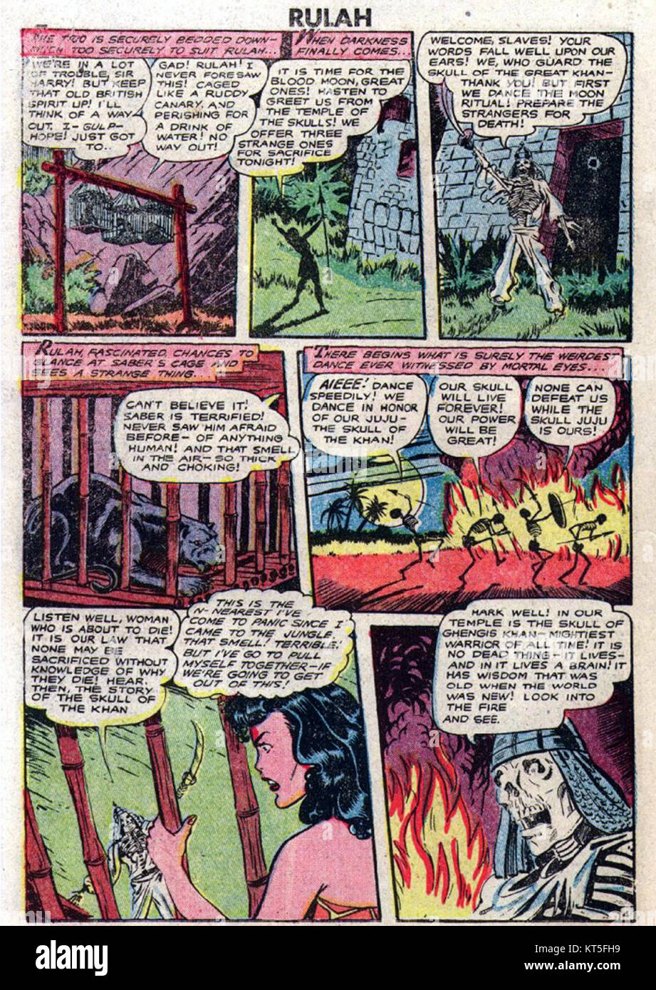 Rulah ist eine fiktive Figur, die in Comicbüchern vorkommt und oft als heroische Figur in actiongeladenen Abenteuern dargestellt wird. Bekannt für ihre Leichtathletik und Stärke, ist sie eine bedeutende Figur im Genre der Golden Age Comics. Stockfoto